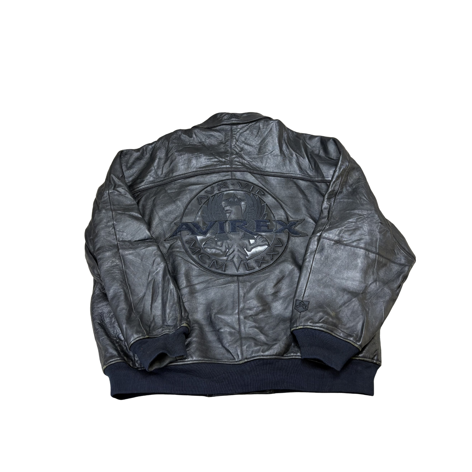 Vintage Avirex Leather Jacket – Black Embroidered Back Logo Bomber (Y2K / Streetwear)